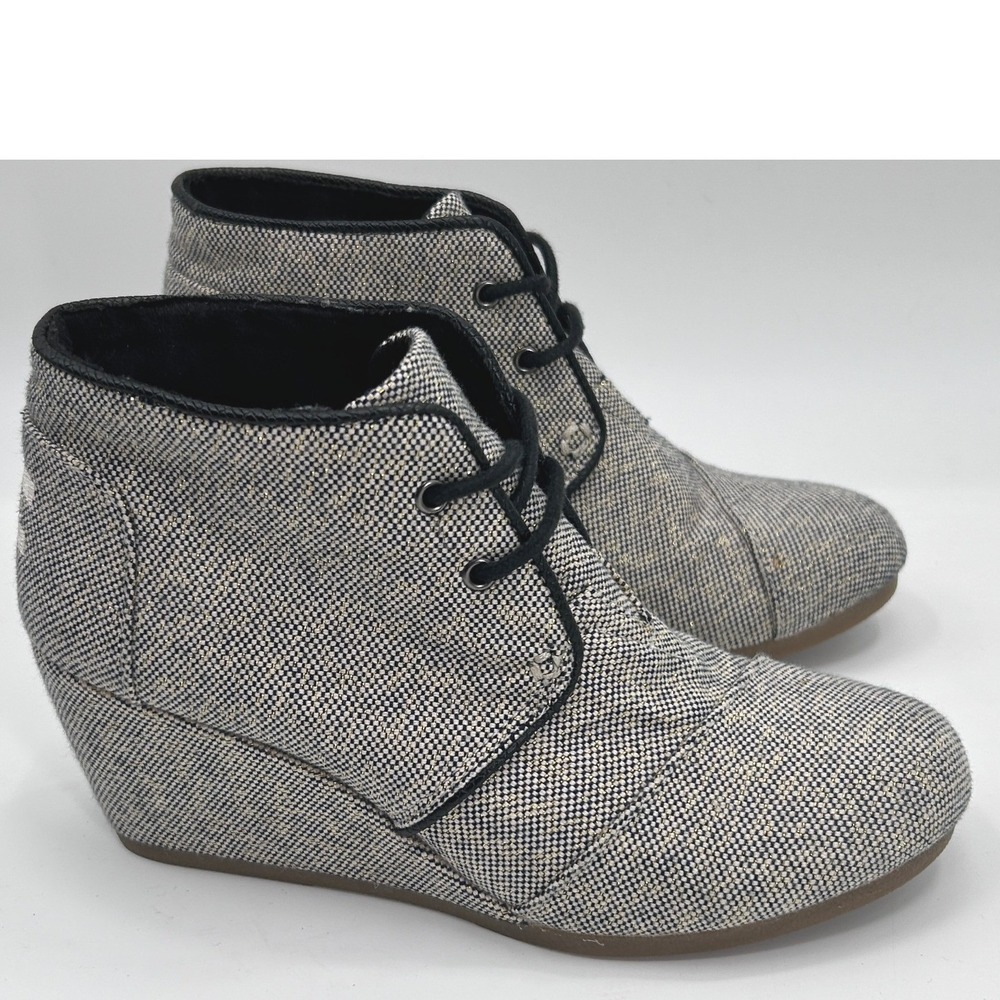 Toms Desert Wedge Linen Tweed Black White Metallic Gold Lace-up Ankle Bootie 7